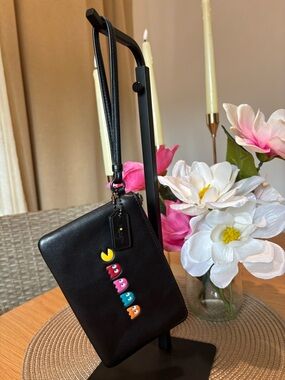 Coach Leather Pac-Man/Ghosts Wristlet Black